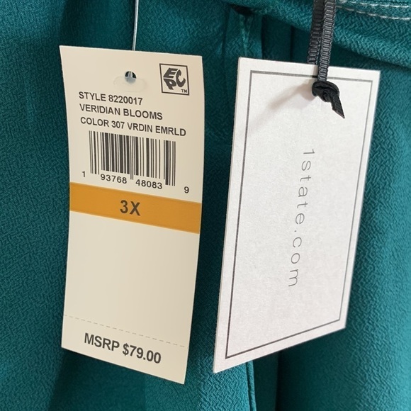 NWT. 1. State 3X Veridian Blooms Contrast Stitch Tie Waist Blouse. - Picture 3 of 9